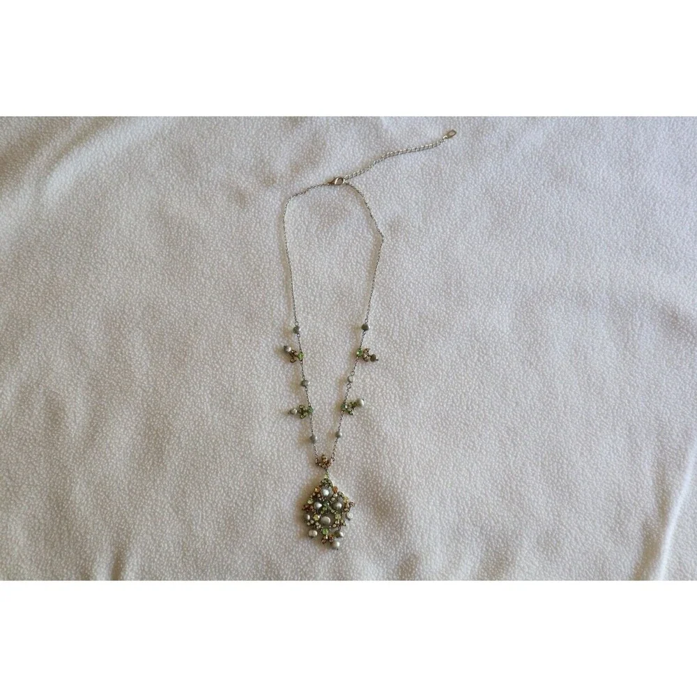 Vtg Necklace Faux Pearls Silver Tone Green Brwn Rhinestones Dangle Pendant 18"+ - Picture 2 of 10